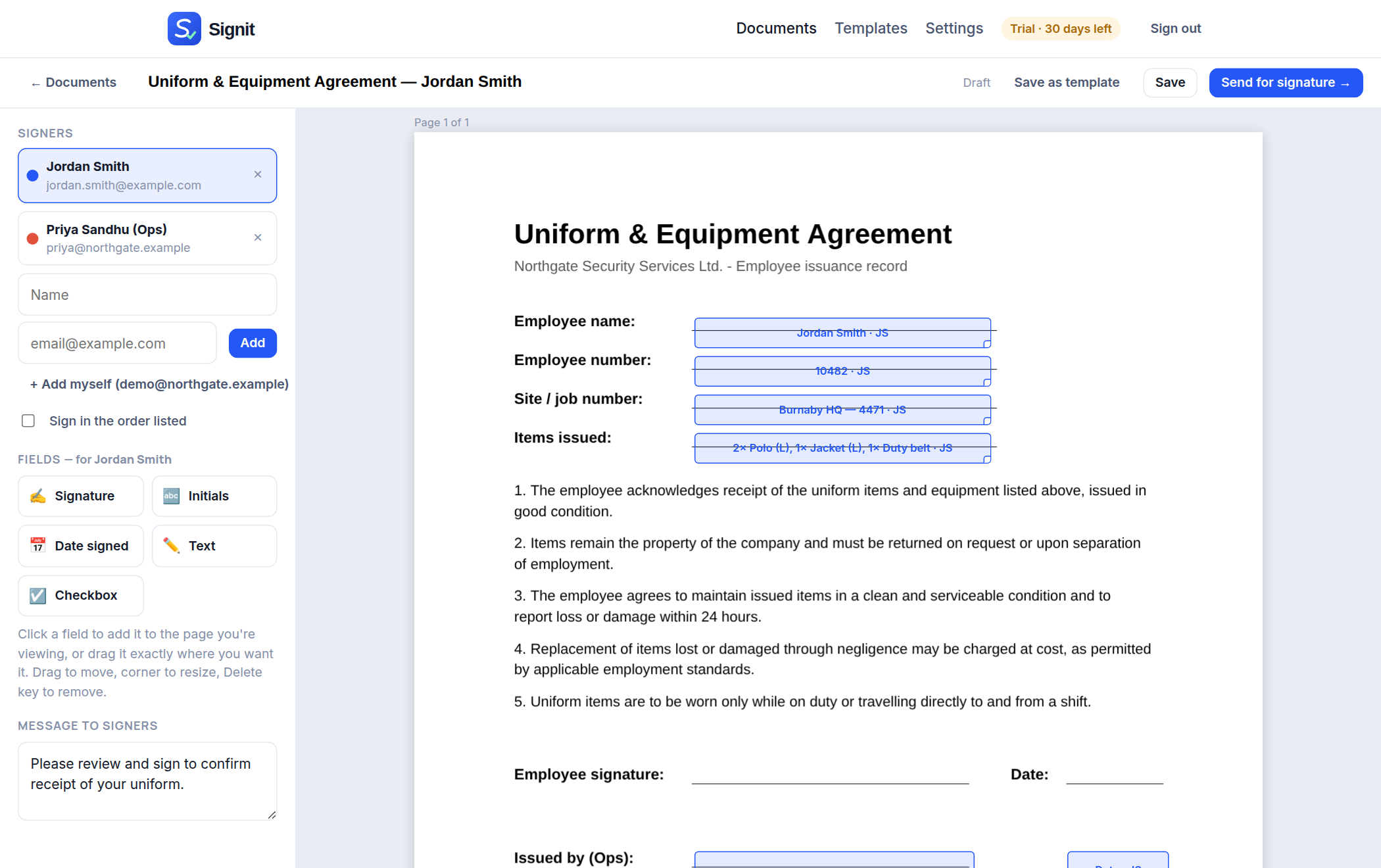 Placing signature and text fields on a PDF in the Signit editor