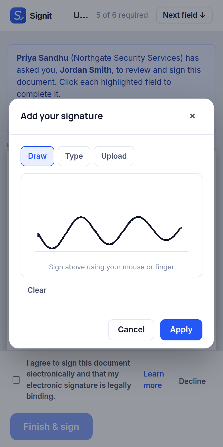 Signing on a phone with the signature pad open