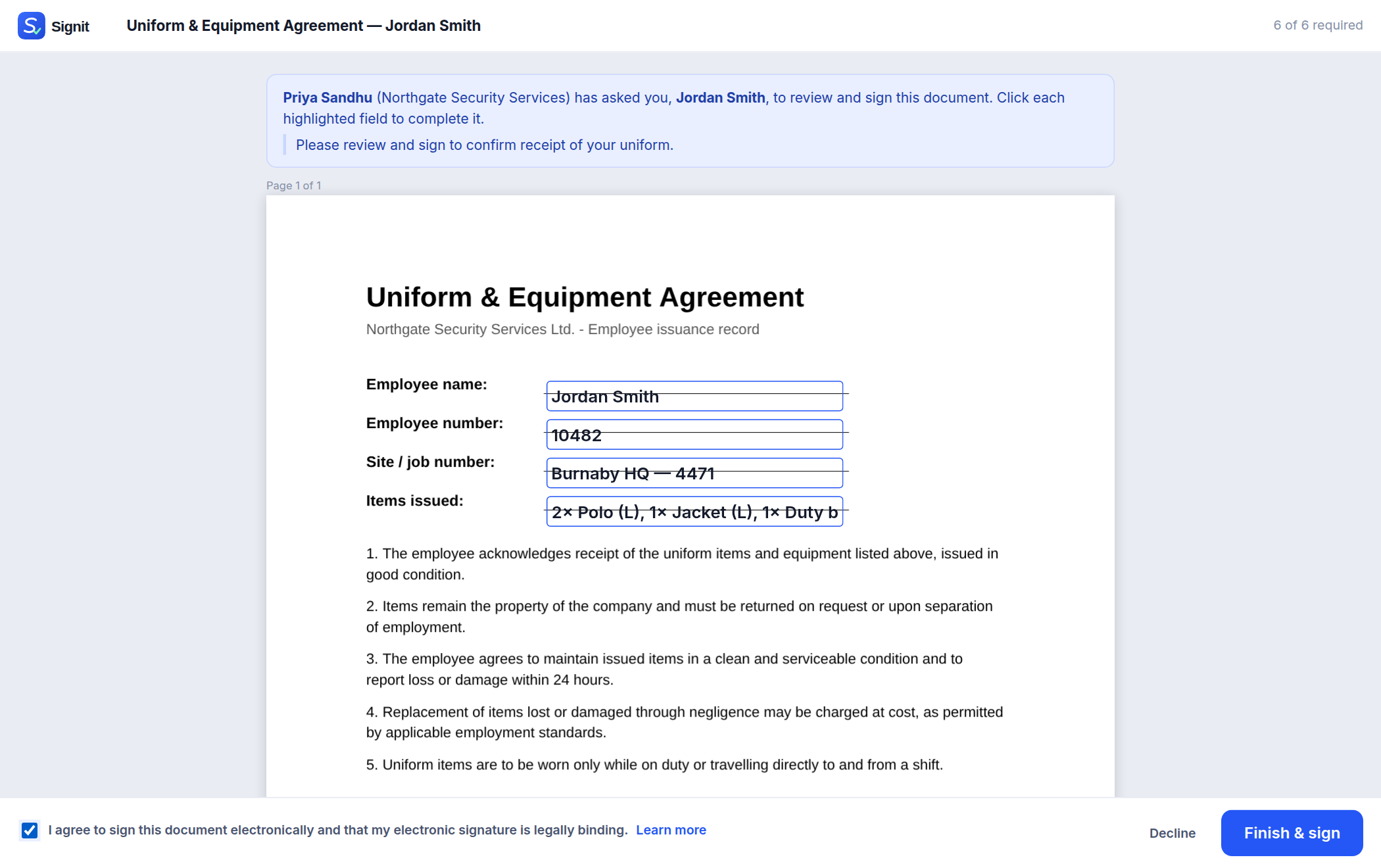 Signer view of a document with highlighted fields