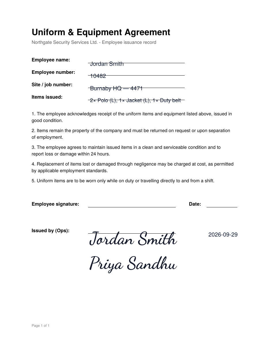Completed agreement with stamped signature